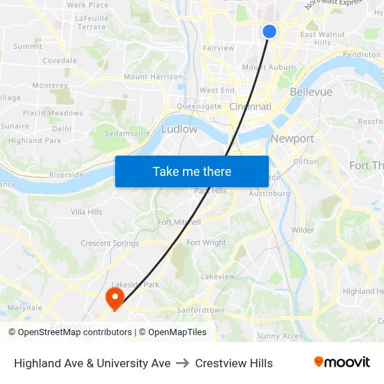 Highland Ave & University Ave to Crestview Hills map