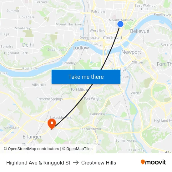 Highland Ave & Ringgold St to Crestview Hills map