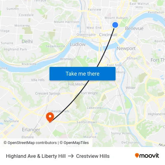 Highland Ave & Liberty Hill to Crestview Hills map