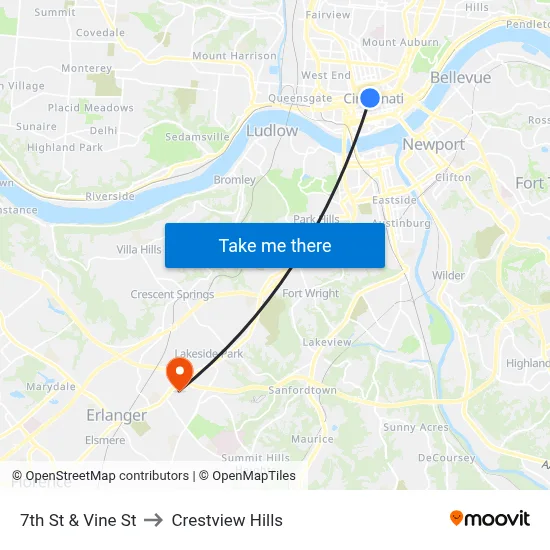 7th St & Vine St to Crestview Hills map