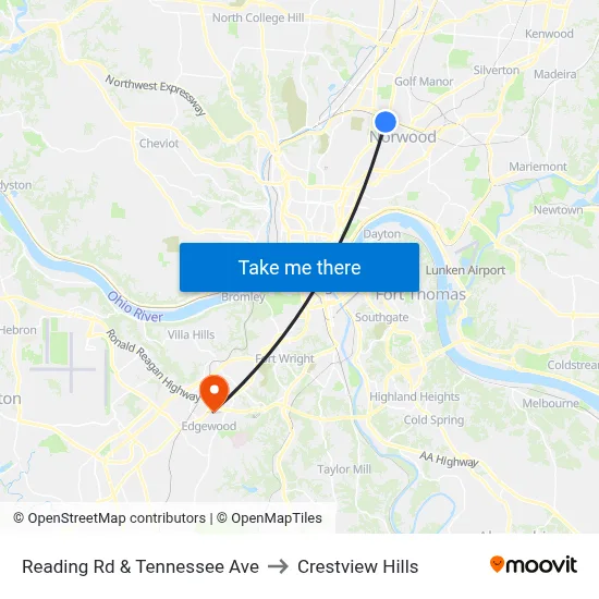 Reading Rd & Tennessee Ave to Crestview Hills map