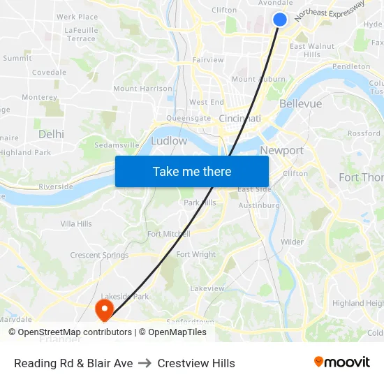 Reading Rd & Blair Ave to Crestview Hills map