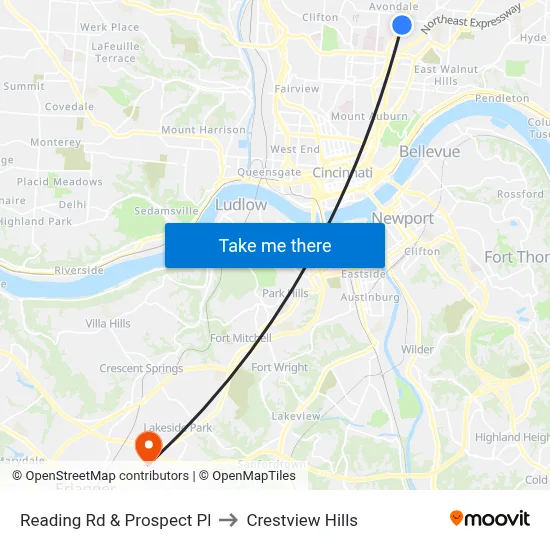Reading Rd & Prospect Pl to Crestview Hills map