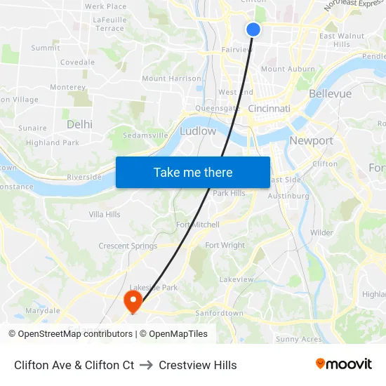 Clifton Ave & Clifton Ct to Crestview Hills map