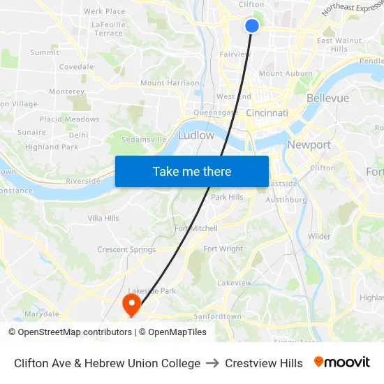 Clifton Ave & Hebrew Union College to Crestview Hills map