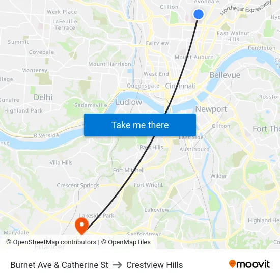 Burnet Ave & Catherine St to Crestview Hills map