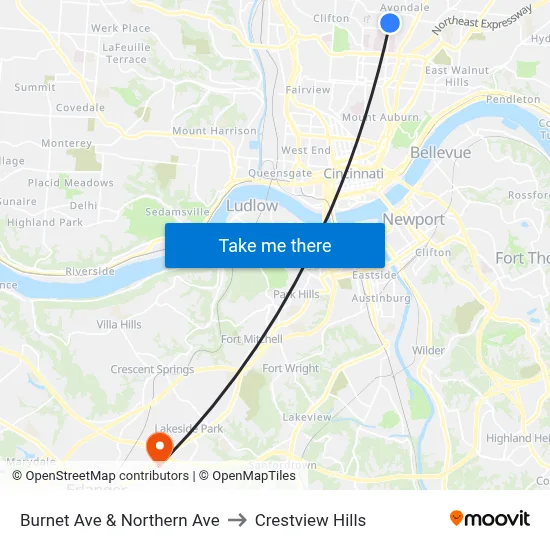 Burnet Ave & Northern Ave to Crestview Hills map