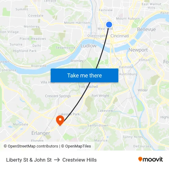 Liberty St & John St to Crestview Hills map