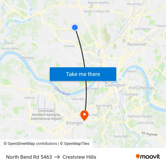 North Bend Rd 5463 to Crestview Hills map