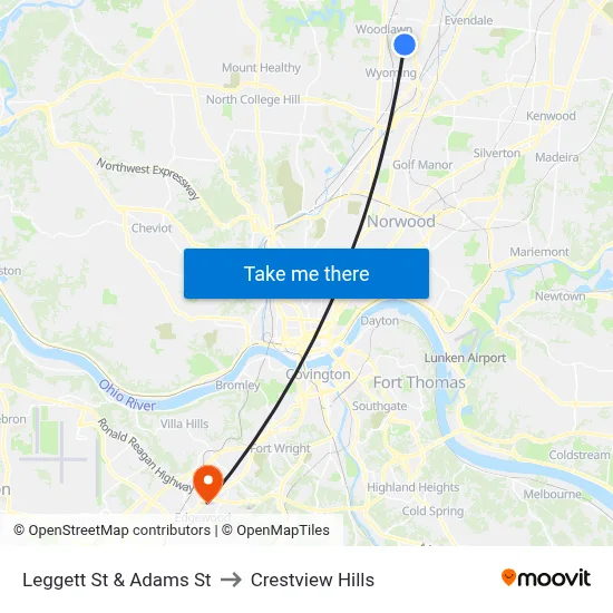 Leggett St & Adams St to Crestview Hills map