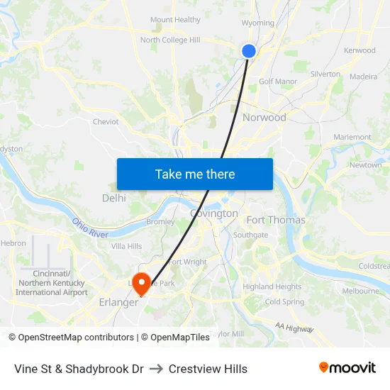 Vine St & Shadybrook Dr to Crestview Hills map