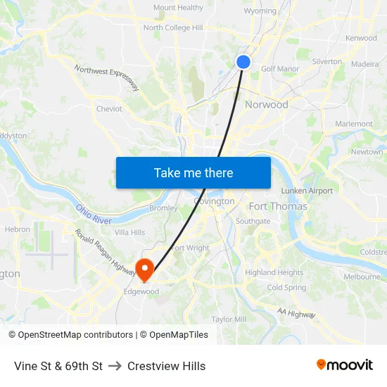 Vine St & 69th St to Crestview Hills map