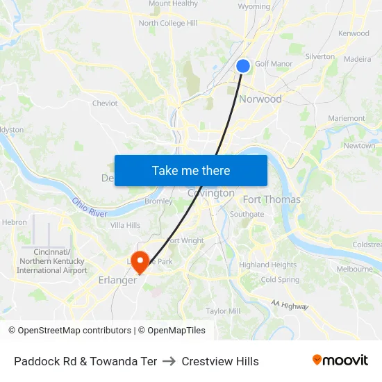 Paddock Rd & Towanda Ter to Crestview Hills map