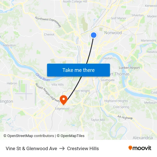 Vine St & Glenwood Ave to Crestview Hills map