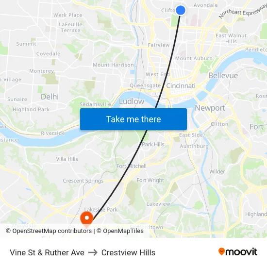 Vine St & Ruther Ave to Crestview Hills map