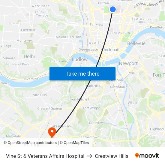 Vine St & Veterans Affairs Hospital to Crestview Hills map