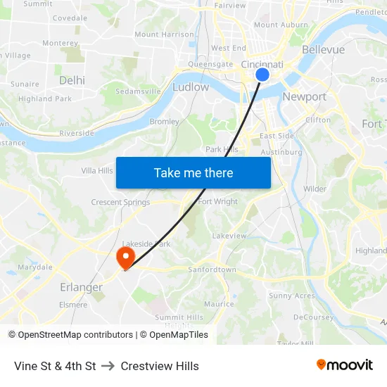 Vine St & 4th St to Crestview Hills map