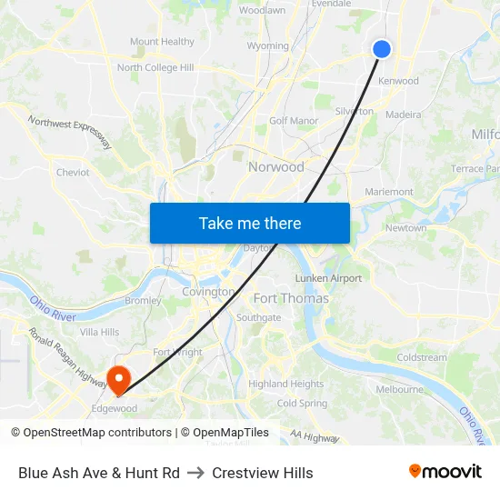 Blue Ash Ave & Hunt Rd to Crestview Hills map