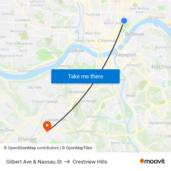 Gilbert Ave & Nassau St to Crestview Hills map