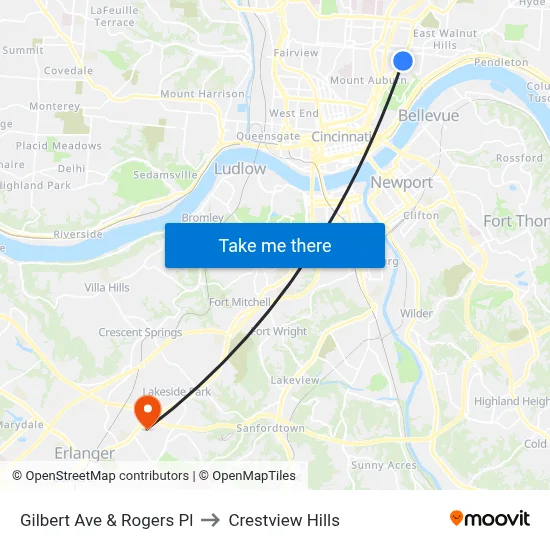 Gilbert Ave & Rogers Pl to Crestview Hills map