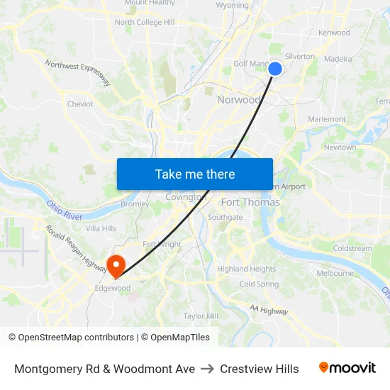 Montgomery Rd & Woodmont Ave to Crestview Hills map