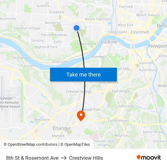 8th St & Rosemont Ave to Crestview Hills map