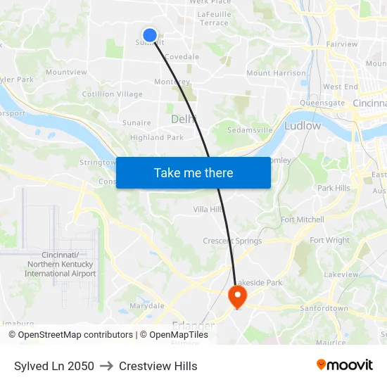 Sylved Ln 2050 to Crestview Hills map