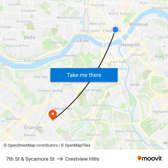 7th St & Sycamore St to Crestview Hills map