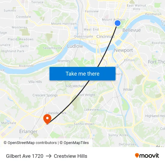 Gilbert Ave 1720 to Crestview Hills map