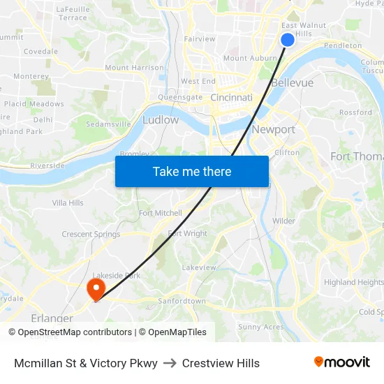 Mcmillan St & Victory Pkwy to Crestview Hills map