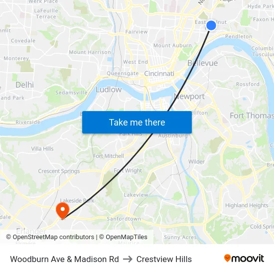 Woodburn Ave & Madison Rd to Crestview Hills map