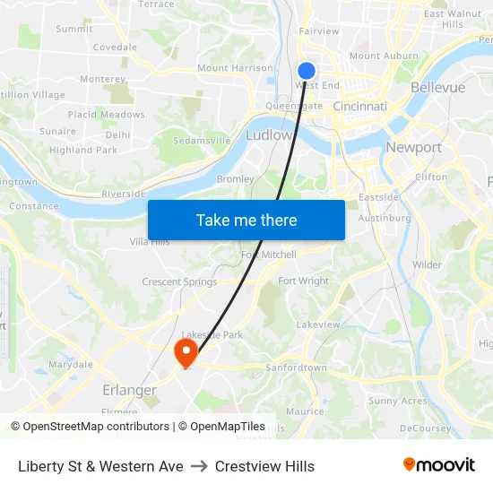 Liberty St & Western Ave to Crestview Hills map