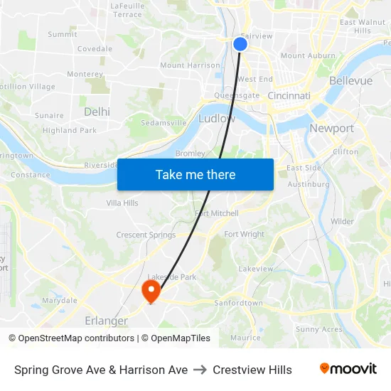 Spring Grove Ave & Harrison Ave to Crestview Hills map