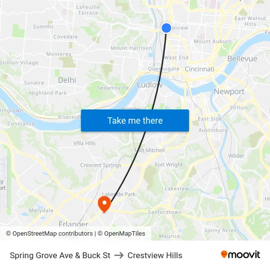 Spring Grove Ave & Buck St to Crestview Hills map