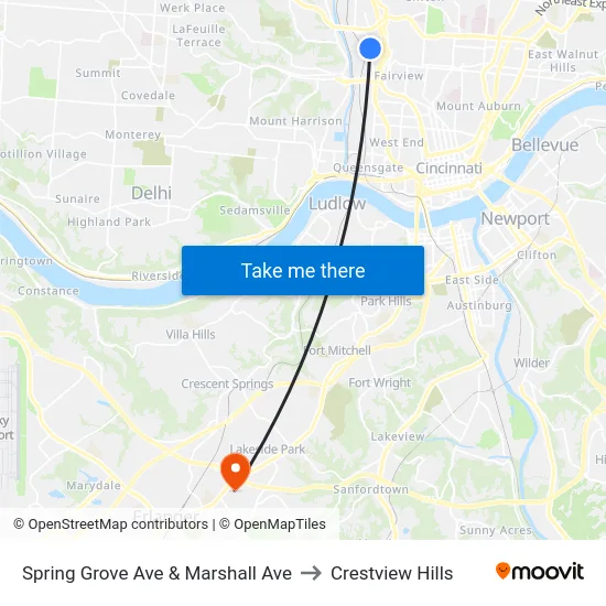Spring Grove Ave & Marshall Ave to Crestview Hills map