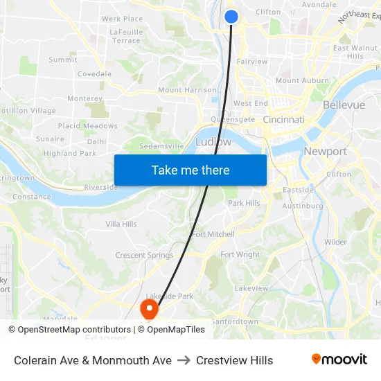Colerain Ave & Monmouth Ave to Crestview Hills map