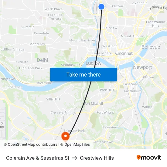 Colerain Ave & Sassafras St to Crestview Hills map