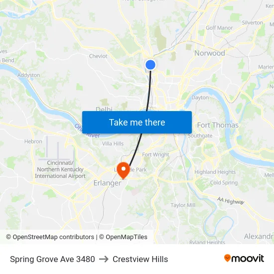 Spring Grove Ave 3480 to Crestview Hills map