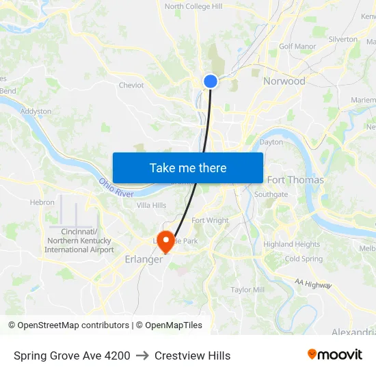 Spring Grove Ave 4200 to Crestview Hills map