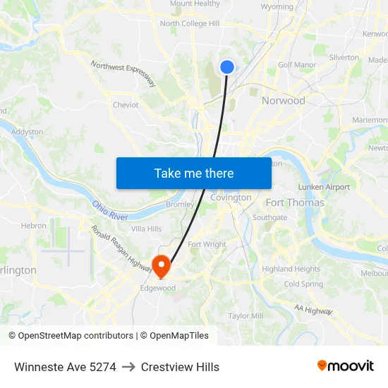Winneste Ave 5274 to Crestview Hills map