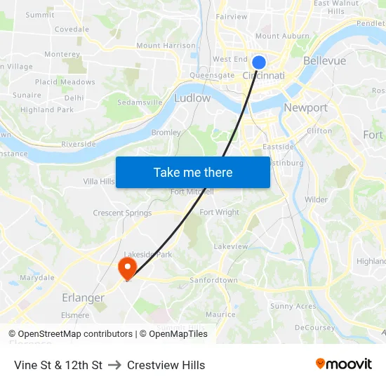 Vine St & 12th St to Crestview Hills map