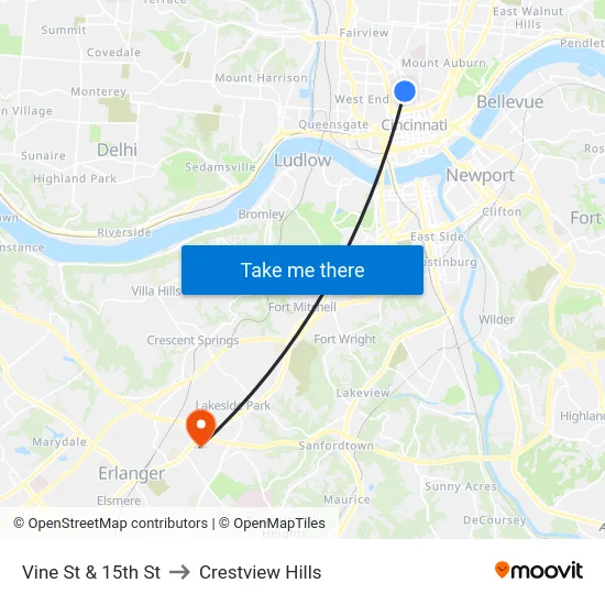 Vine St & 15th St to Crestview Hills map