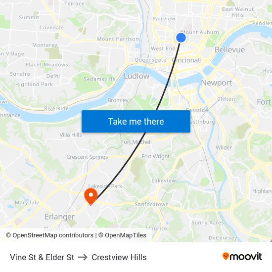 Vine St & Elder St to Crestview Hills map