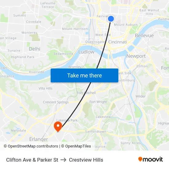 Clifton Ave & Parker St to Crestview Hills map
