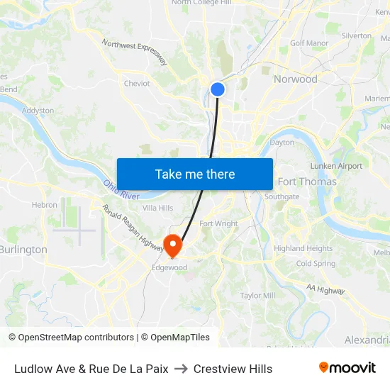 Ludlow Ave & Rue De La Paix to Crestview Hills map
