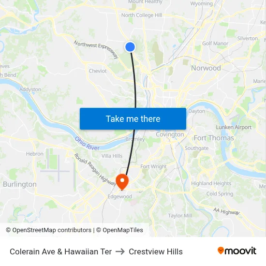 Colerain Ave & Hawaiian Ter to Crestview Hills map