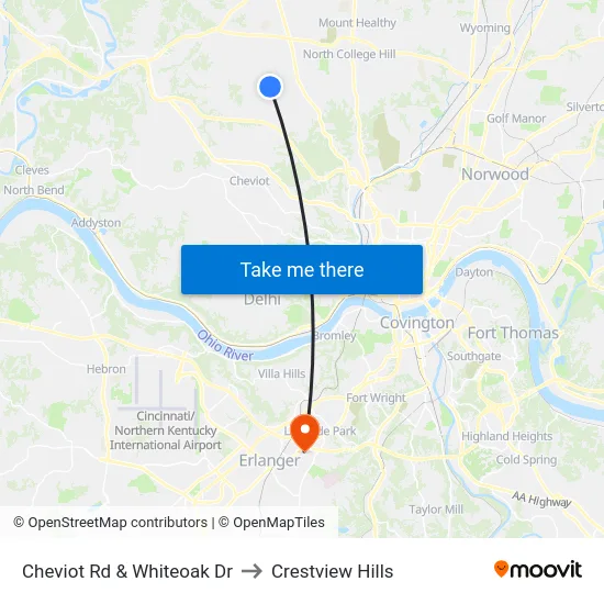 Cheviot Rd & Whiteoak Dr to Crestview Hills map