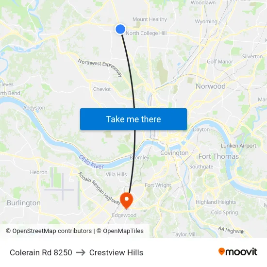 Colerain Rd 8250 to Crestview Hills map