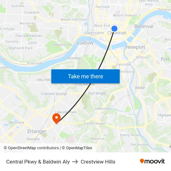 Central Pkwy & Baldwin Aly to Crestview Hills map