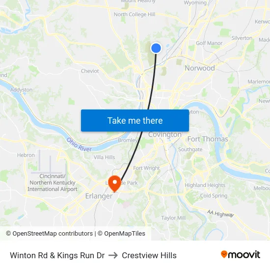 Winton Rd & Kings Run Dr to Crestview Hills map